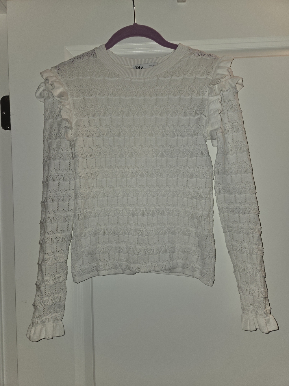 Zara White Ruffle-Trim Knit Top